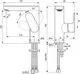 Waschtischarmatur von Ideal Standard, seitliche und obere Ansichten mit Maßangaben, Anschlussdetails und Verstellbereichen. Oberfläche in Chrom.